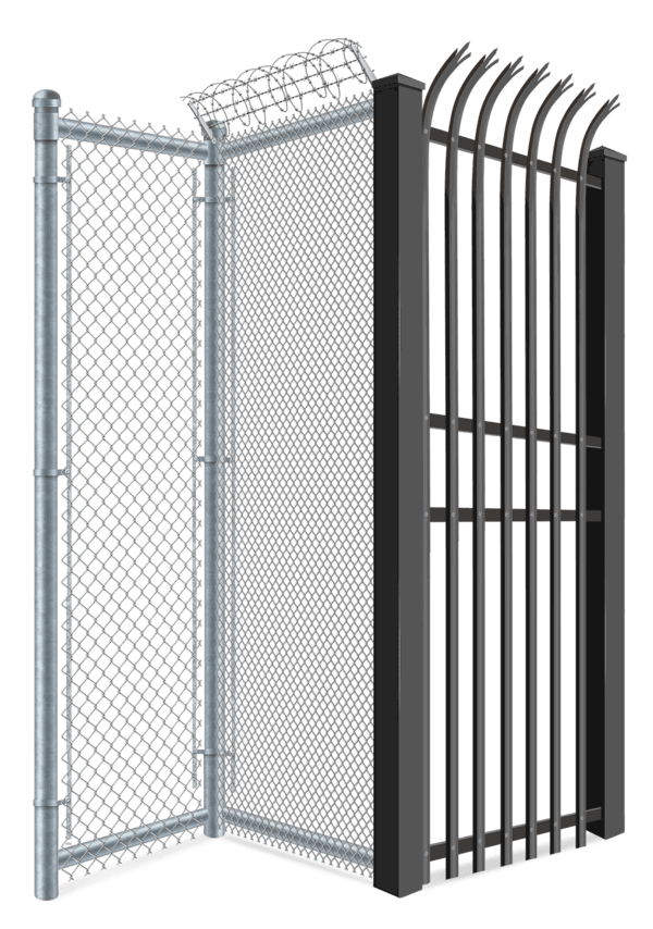 From left to right: High Security Chain Link Fence, Mini Mesh Anti-Climb Fence, Steel Fence with Trident Tips